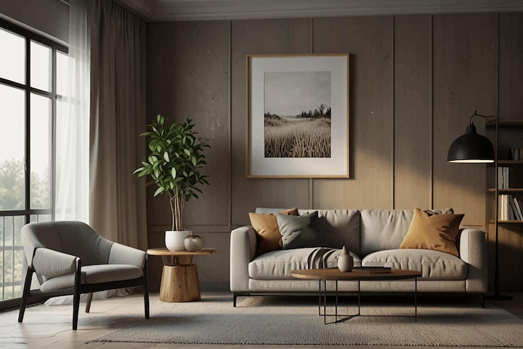 Vetor uma sala de estar com um sofá e uma planta no canto mock up quadro de cartaz em fundo interior moderno