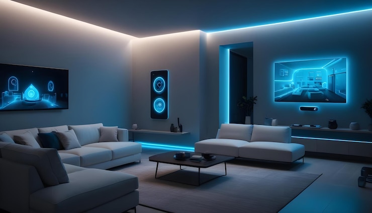 Vetor uma sala de estar moderna com dois sofás brancos, uma mesa de café e uma grande tv com uma interface de casa inteligente exibida na tela. a sala é iluminada por luzes led azuis