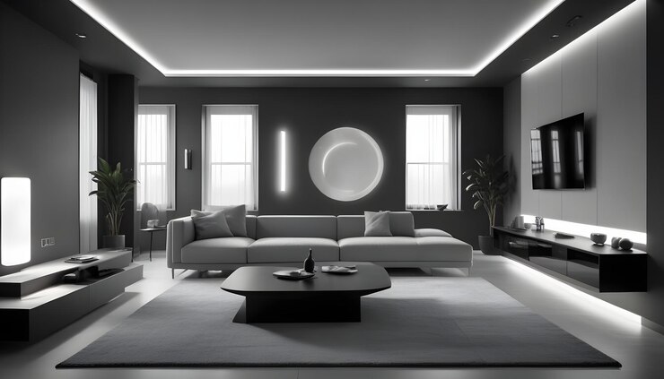 Vetor uma sala de estar moderna com um esquema de cores pretas o quarto possui um sofá cinza uma mesa de café preta