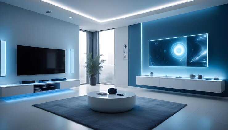 Vetor uma sala de estar moderna com uma grande tv uma mesa de café branca e uma parede azul a sala é iluminada por tiras de led azuis e spotlights criando uma atmosfera futurista e elegante
