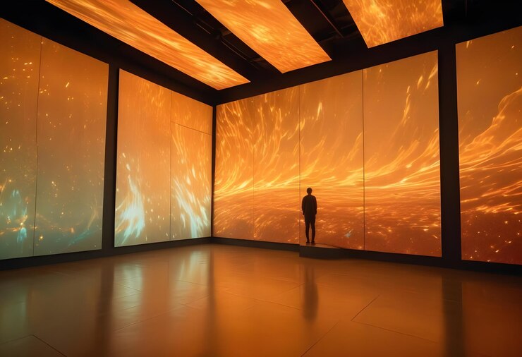 Vetor uma sala futurista escura com uma grande tela exibindo uma obra de arte digital abstrata dinâmica um homem está em uma plataforma olhando para a obra de arte que se assemelha a um pôr-do-sol ardente ou uma explosão cósmica