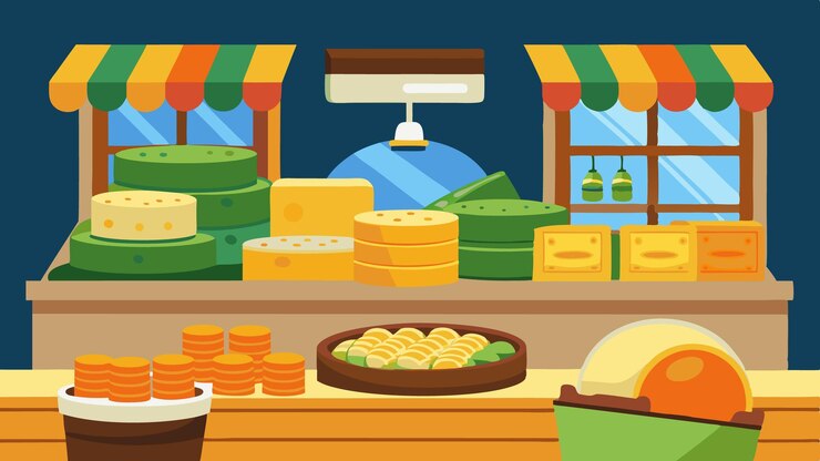 Vetor uma seção do mercado dedicada a queijos frescos com rodas de queijo empilhadas em alto e diferentes tipos oferecidos
