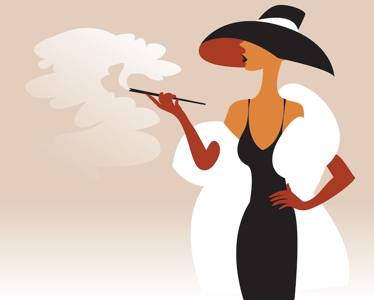Vetor uma senhora fumando está vestida com um chapéu e um casaco de pele