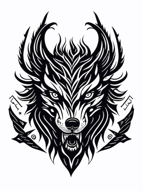 Uma silhueta de cabeça de lobo tribal vetorial mitologia logotipo estilo de design monocromático ilustração de arte