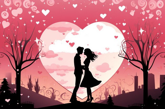 Vetor uma silhueta de um casal a beijar-se em frente a um coração.