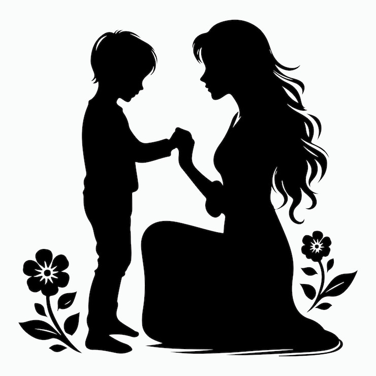 Vetor uma silhueta de uma mulher e uma criança com uma tatuagem de uma pessoa e a palavra "mãe" na parte inferior
