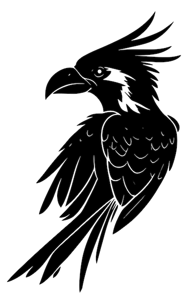 Uma silhueta em preto e branco de um pássaro com bico longo e bico grande.