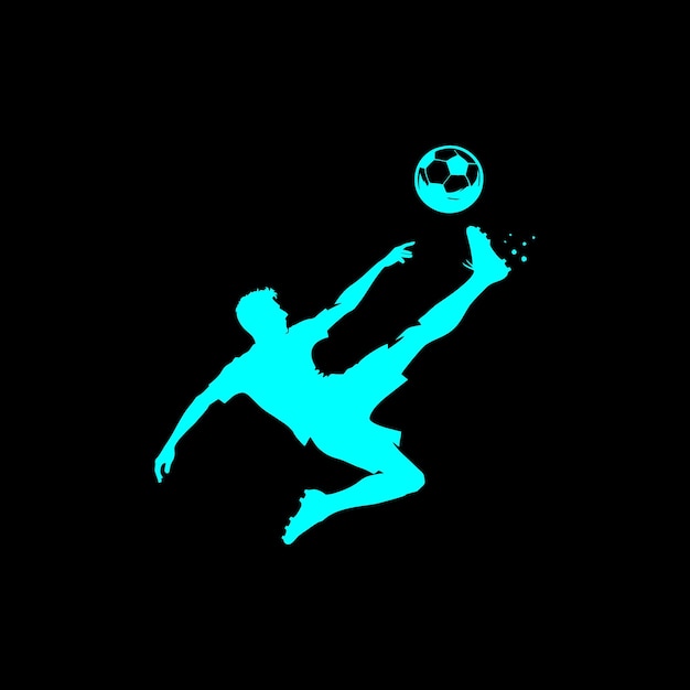 Uma silhueta negra sólida de um jogador de futebol executando um chute de bicicleta no ar com a bola