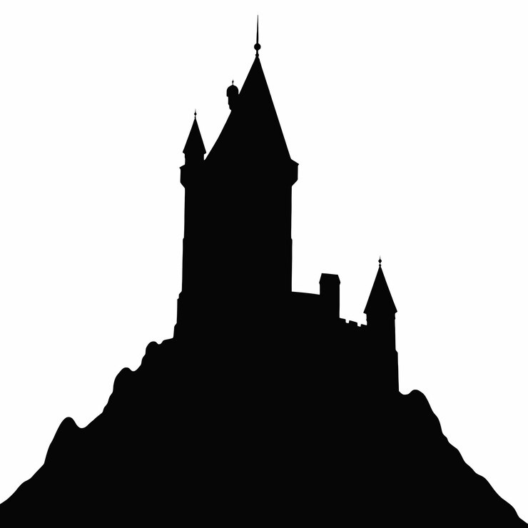 Vetor uma silhueta preta e branca de um castelo no topo de uma montanha