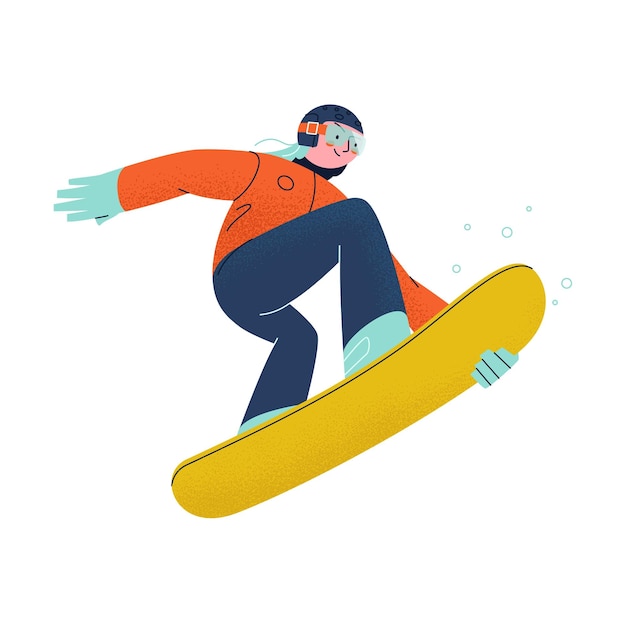 Uma snowboarder de menina monta uma snowboard, salta de trampolim, atividades de inverno, esportes de inverno