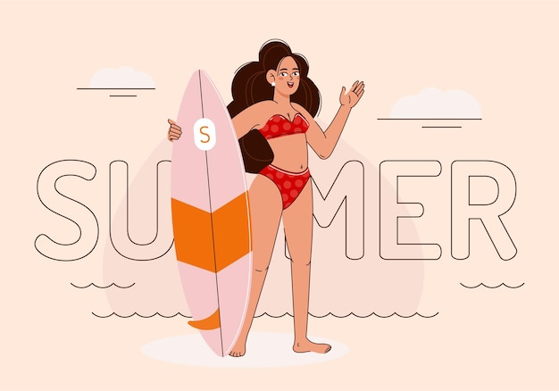 Uma surfista com uma ilustração vetorial minimalista uma jovem com uma prancha de surf de corpo inteiro fica na areia e acena com a mão