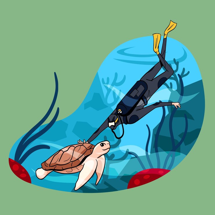 Vetor uma tartaruga e um mergulhador estão nadando no oceano.
