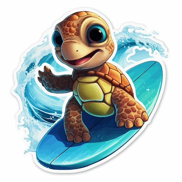 Uma tartaruga em uma prancha de surfe com a imagem de uma tartaruga.