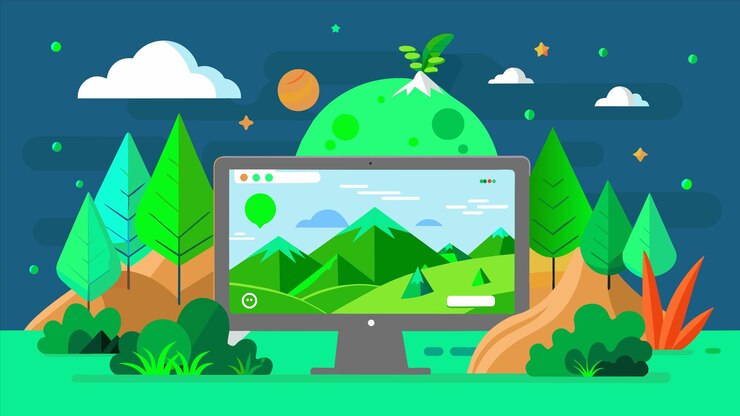 Vetor uma tela de computador com um planeta verde na parte superior