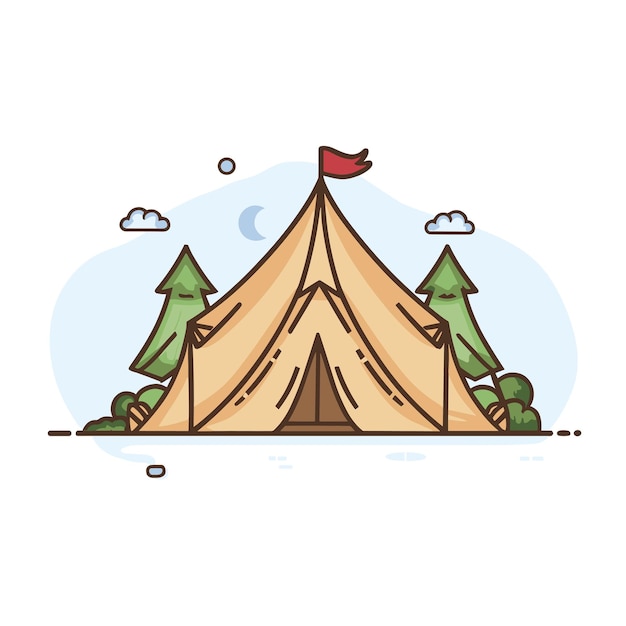 uma tenda com uma árvore no topo e uma bandeira vermelha no topo