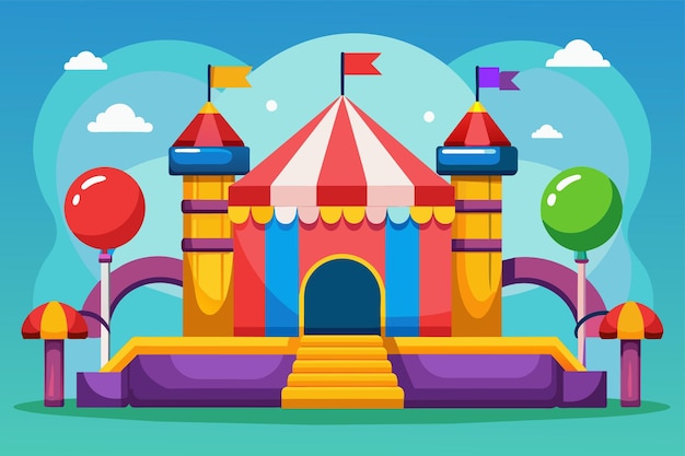 Vetor uma tenda de circo vibrante adornada com balões coloridos e bandeiras flutuantes ilustra o conceito de segmentação de clientes na publicidade digital