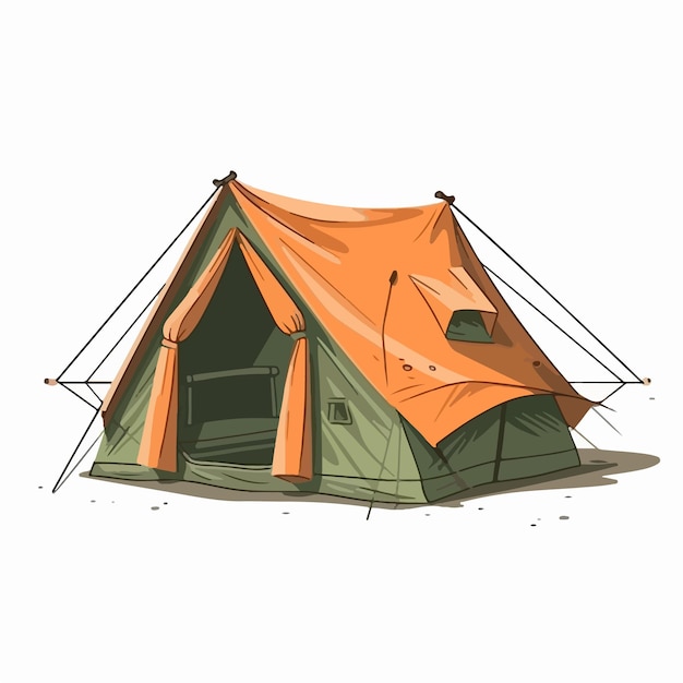 Uma tenda laranja com uma porta aberta e uma pequena janela na parte inferior