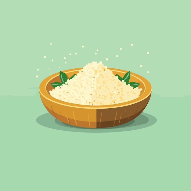 Vetor uma tigela de madeira cheia de arroz em cima de uma mesa verde