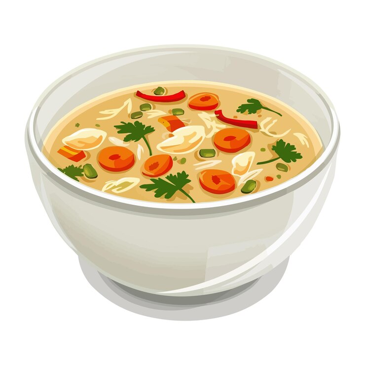 Vetor uma tigela de sopa com uma foto de vegetais e uma foto de uma tigela de sopa