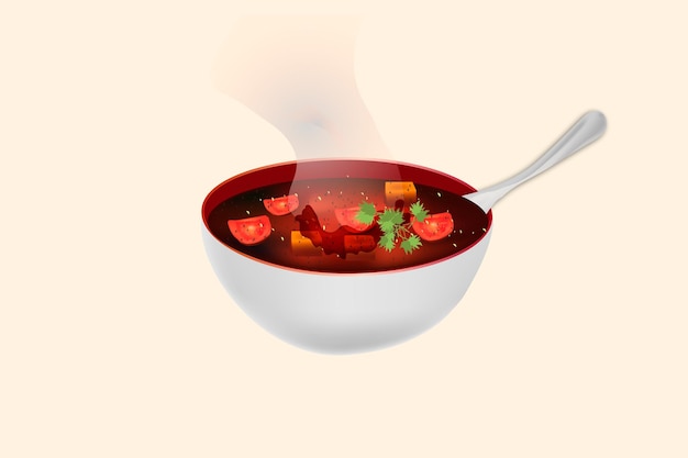 Vetor uma tigela de sopa de tomate quente defumada com pedaços de batata