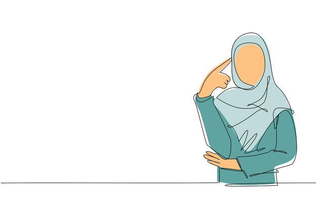 Uma única linha contínua a desenhar uma mulher árabe a tocar as têmporas e a lembrar-se de algo.