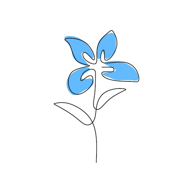 Uma única linha contínua de flor de primavera iris com cor azul isolada no fundo branco