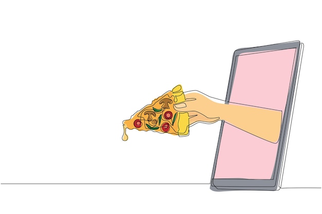 Vetor uma única linha desenhando a mão segurando uma fatia de pizza através de uma ilustração vetorial de design de telefone móvel