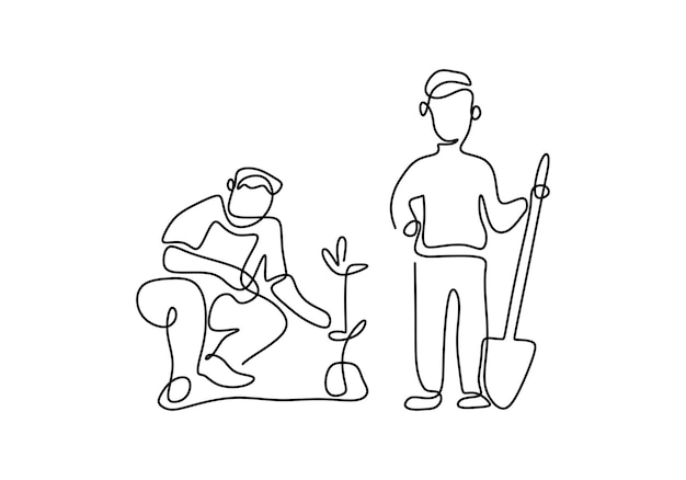 Uma única linha desenhando dois homens cavando o chão usando uma pá para plantar uma planta no jardim doméstico