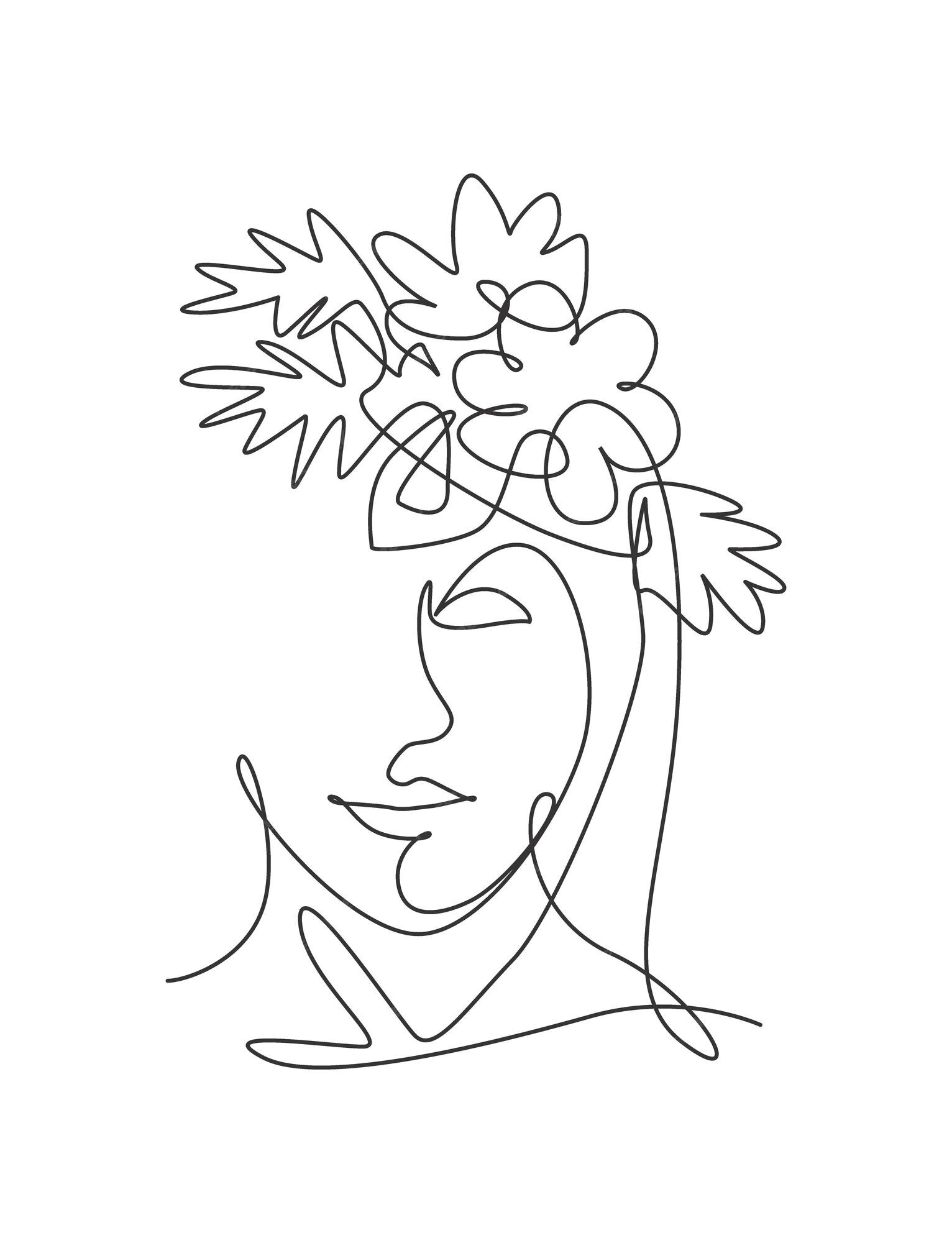 rosto de mulher desenho de linha única com flores arte em linha