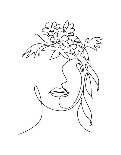 rosto de mulher desenho de linha única com flores arte em linha