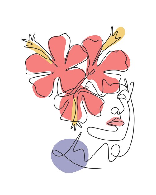 Vetor uma única linha desenhando rosto abstrato de beleza com flores naturais vetor retrato de mulher minimalista