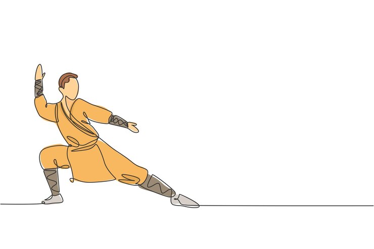 Vetor uma única linha desenhando um jovem monge shaolin energético exercitando kung fu lutando no templo vetor