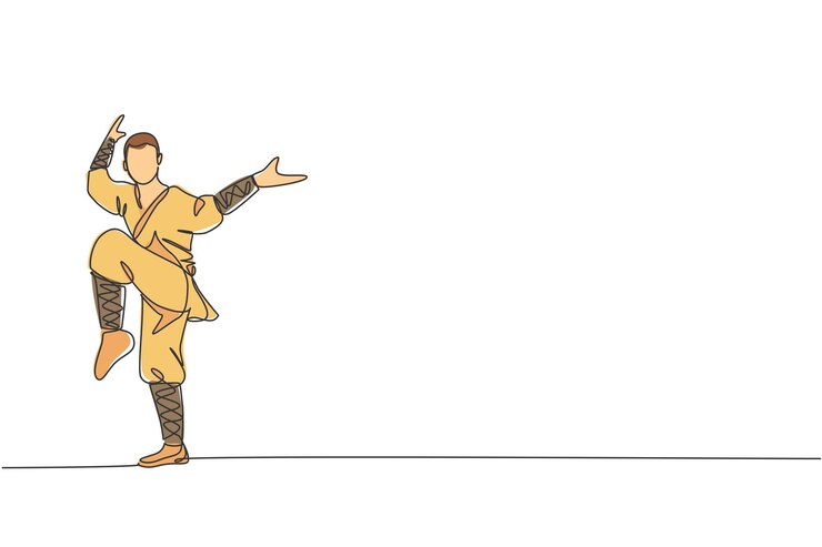 Vetor uma única linha desenhando um jovem monge shaolin energético exercitando kung fu lutando no templo vetor