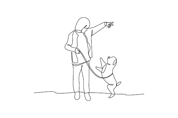 Uma única linha desenhando um menino brincando com seu animal de estimação conceito de animal de estimação urbano desenho de linha contínua