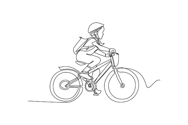 único motociclista de desenho de linha usando capacete, andando de moto na  estrada de asfalto. jovem de macacão de piloto e capacete sentado na  bicicleta esportiva. ilustração em vetor gráfico de desenho