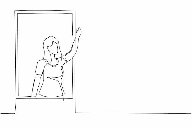 Vetor uma única linha desenhando uma jovem mulher acenando na janela como para cumprimentar ou convidar as pessoas a entrarem