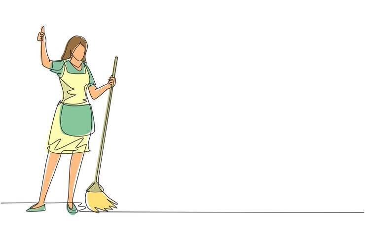 Vetor uma única linha desenhando uma mulher da empresa de limpeza segurando uma vassoura e gestando o polegar para cima.