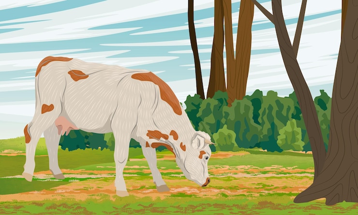 Vetor uma vaca come grama em um campo perto de árvores altas animais de fazenda no verão paisagem vetorial realista
