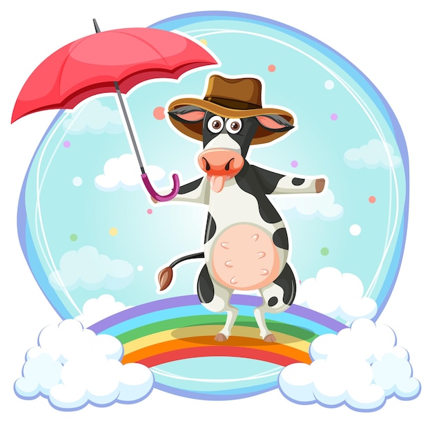 Uma vaca segurando o personagem de desenho animado de guarda-chuva