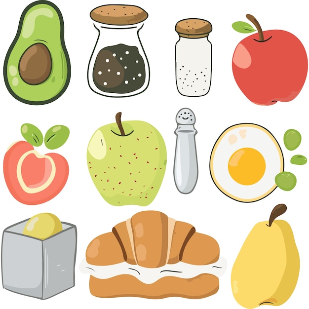 uma variedade de frutas e legumes, incluindo ovos, frutas e ovos