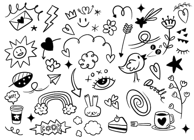 Uma variedade desenhada à mão de elementos do doodle xa