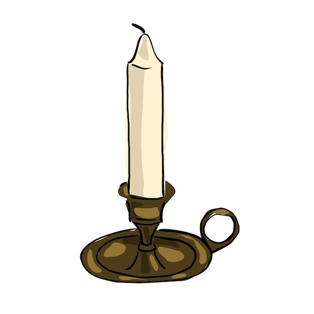 Vetor uma vela amarela com uma chama em um esboço de desenho animado de castiçal de bronze em um fundo branco