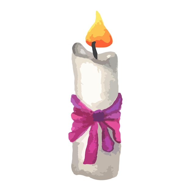 Uma vela de cera branca feita de parafina com chama roxa de vela de Natal e fita