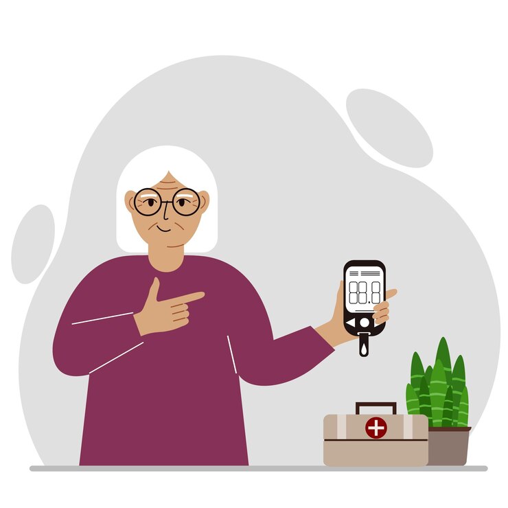 Vetor uma velha feliz segura um glicosímetro na mão o conceito de controle de açúcar no sangue diabético ilustração plana em vetor