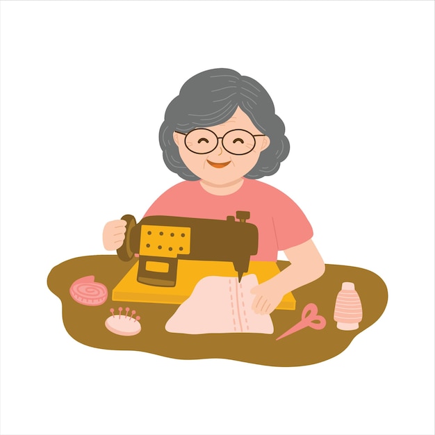 uma velhota está trabalhando em uma máquina de costura