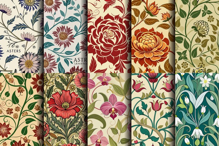 Vetor uma vibrante coleção de padrões florais antigos com diversos desenhos botânicos