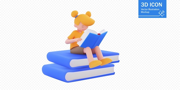 Uma vibrante ilustração vetorial 3D de uma menina gostando de ler um livro enquanto está sentada em uma pilha de grandes livros azuis Perfeito para campanhas de alfabetização de temas educacionais ou promoções de bibliotecas