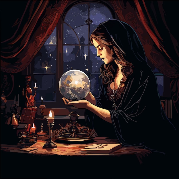 Uma vidente colocando as mãos em sua ilustração vetorial de bola de cristal