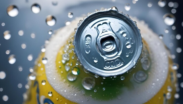 Vetor uma visão em close-up do topo de uma lata de refrigerante com condensação e gotículas de água em torno dela a lata é amarela e verde com uma aba de puxão prateada
