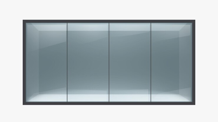 Uma vista frontal realista de uma grande janela preta